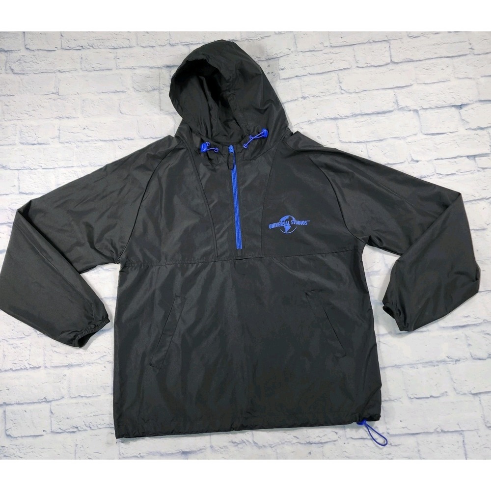 Universal Studios MENS SIZE L Jacket Black Windbreaker Hooded Half Zip